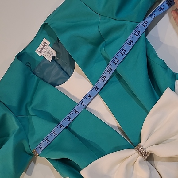 LIKE NEW VTG 80s Leslie Fay Satin Teal/White Puff Shoulder Large Bow Blazer - Picture 10 of 15